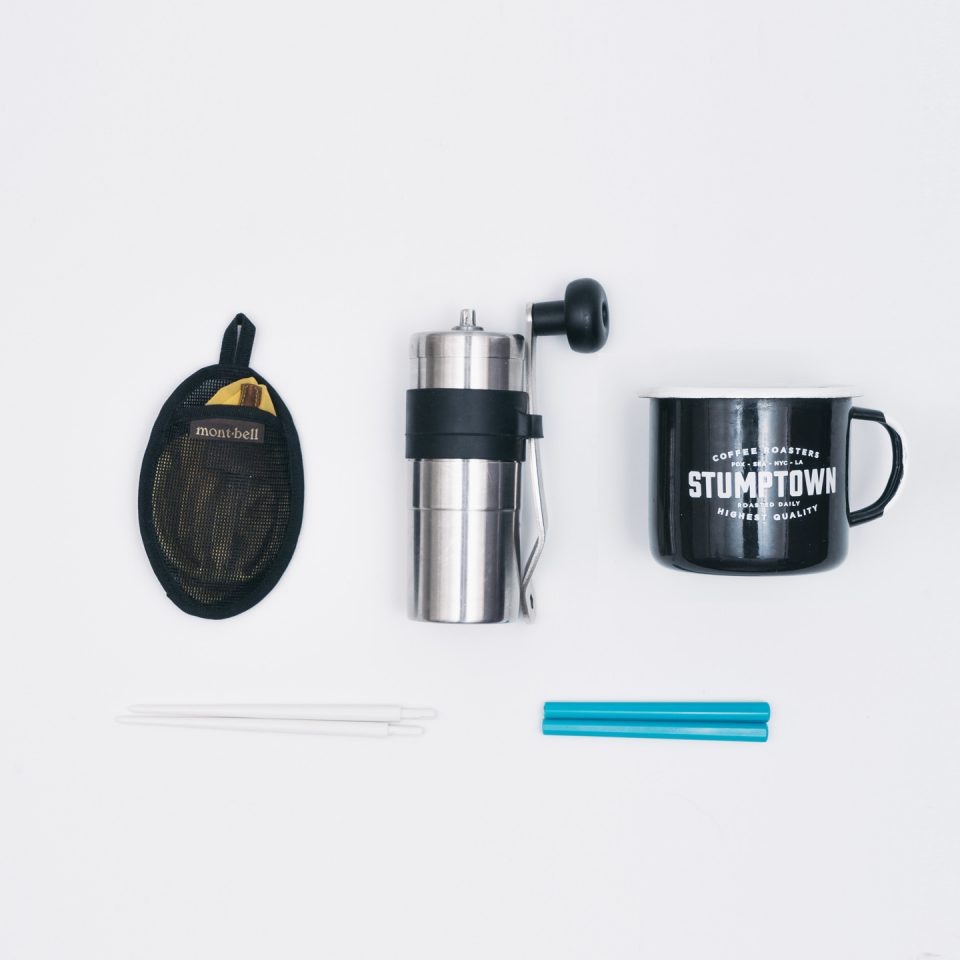 コーヒーセット(mont-bell O.D.コンパクトドリッパー、POLEX MINI COFFEE GRINDER、stumptown coffee カップ、折りたたみ箸)